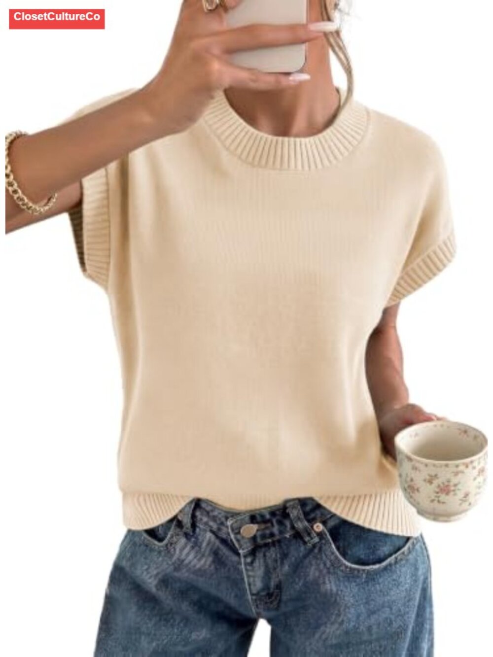 EVALESS Women's Striped Short Sleeve Knit Sweater Top